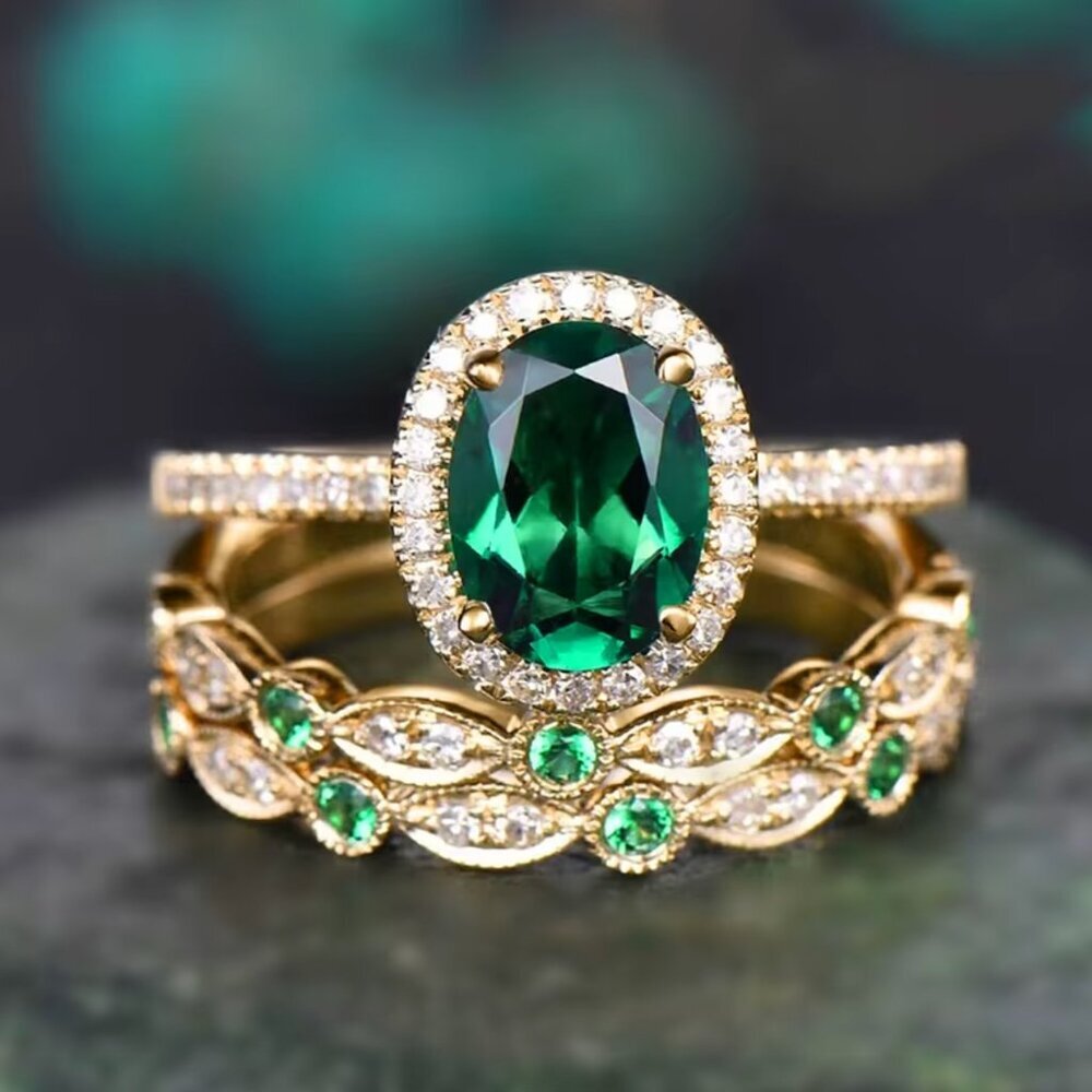 14k Yellow Gold Diamond Emerald Ring Band Set of 3 Rings